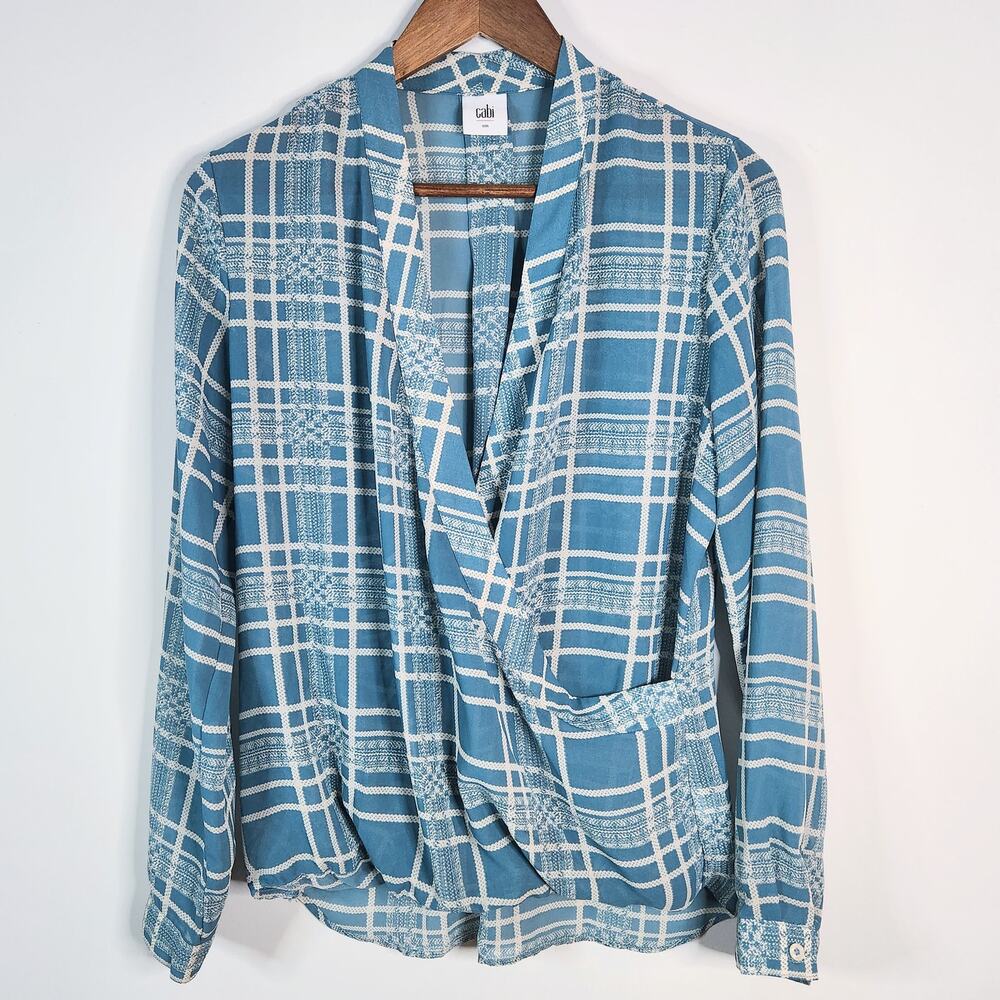 Cabi Blue Windowpane Faux Wrap Sheer Long Sleeve Blouse Size Small Feminine